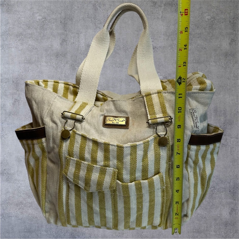 Sun‎ N Sand Tote Bag Womens Large Yellow Striped Canvas Multi-Pocket Beach - Picture 2 of 8